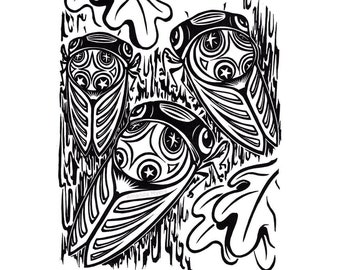 Cicada black and white linocut relief print