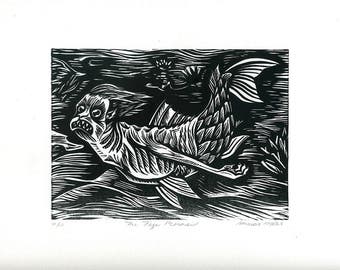 Fiji Mermaid linocut relief print