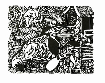 Drunk Tanuki linocut relief print