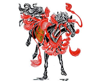 Samurai Horse Linocut Relief Print