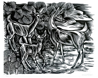 On Alert! Deer and pine linocut relief print