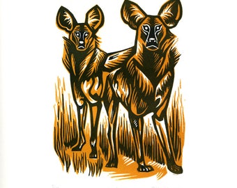 African Wild Dogs linocut relief print