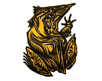 Solomon Island Leaf Frog Linocut Relief Print (Black and yellow)