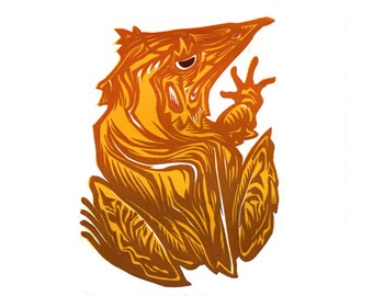 Solomon Island Leaf Frog Linocut Relief Print (Orange and Yellow)