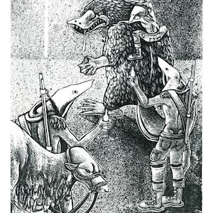 Lithograph - Aardvark Scouts vs. Giant Platypus. Fantasy Characters
