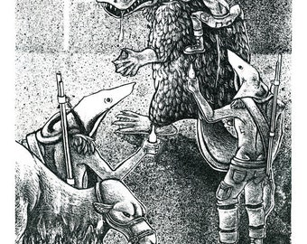 Lithograph - Aardvark Scouts vs. Giant Platypus. Fantasy Characters