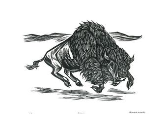 Linocut relief print "Bison"