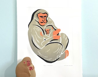 Snow Monkeys/Japanese Macaque Linocut Relief Print