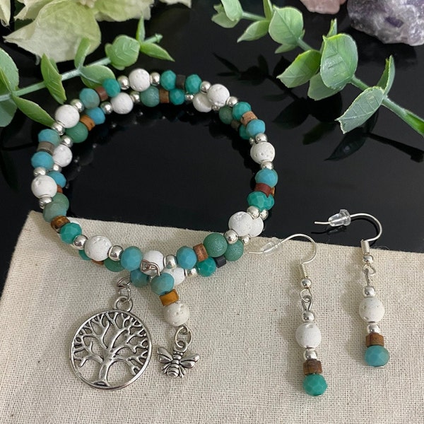 White and Green Bead Memory Wire Cuff Bracelet and Earrings SET, White Lava Gemstone, Green Beads, Tree of Life & Bee Charm, Handmade