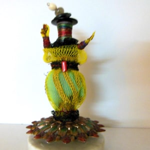 Benediction: Wooden spool with vintage buttons, fabric and altered lamp parts assemblage