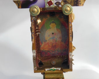 Enter the Buddha: Assemblage with wood, fabric, vintage buttons, vintage jewelry, photograph