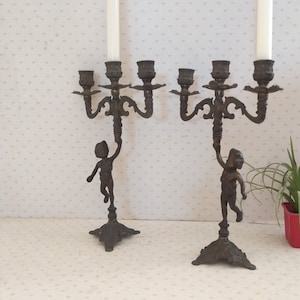 Vintage brass candlestick with cherubs, brass candelabra 3 arms, dinner decor