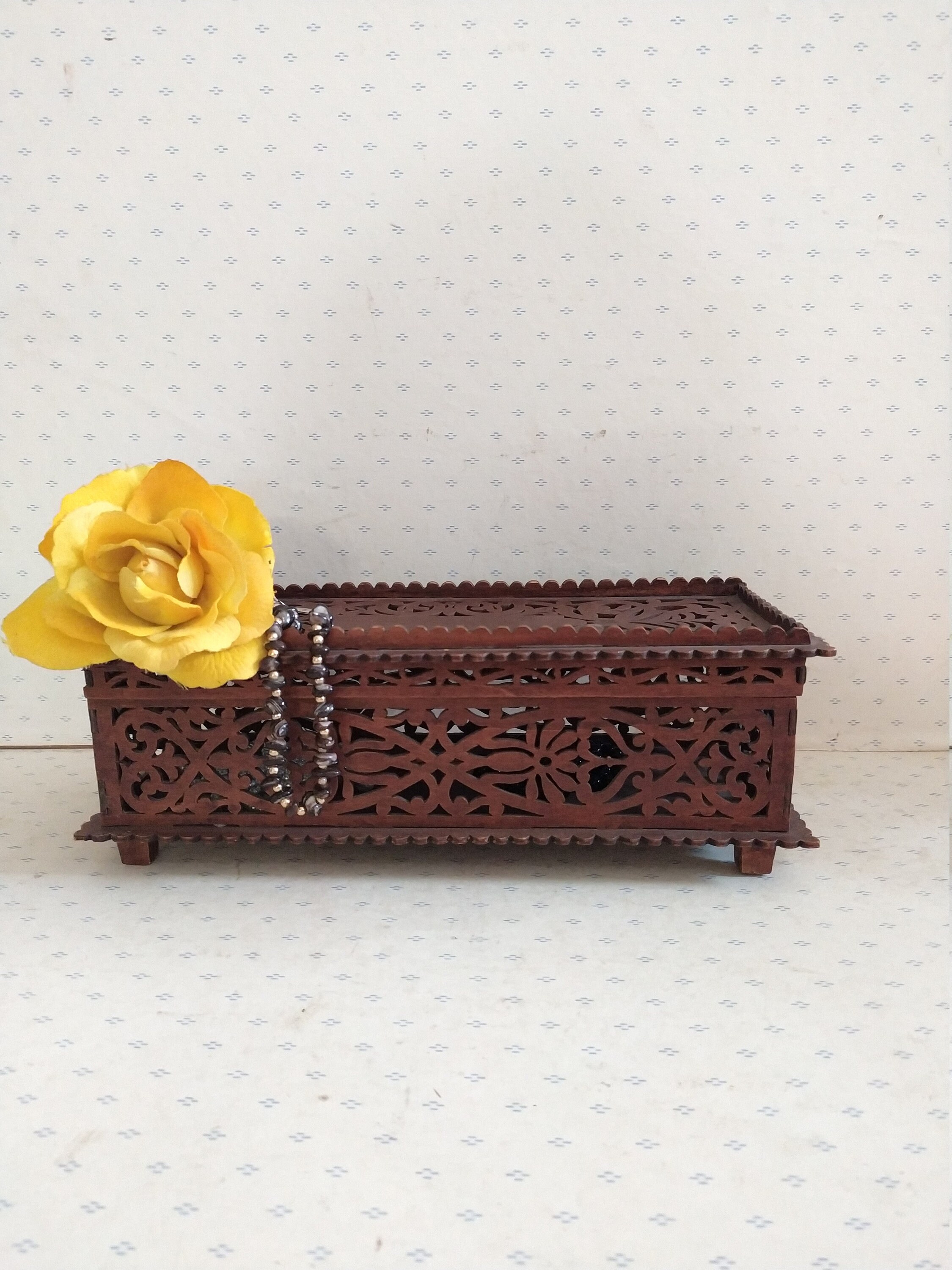 Fretwork wood box, vintage wooden box, pencil holder