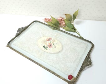 Vintage vanity tray in brass with framed lace, perfume tray