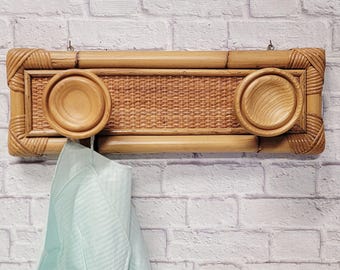 Bamboo and rattan coat rack with two wood hooks, vintage coat hanger