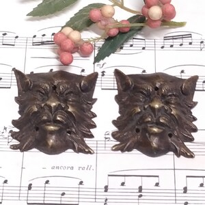 Peut inclure: Deux tirettes décoratives en bronze antique pour porte ou armoire en forme de visage de créature poilue, grincheuse et dentue. Les tirettes sont sur une feuille de musique blanche avec une branche feuillue verte avec des baies rouges et blanches.