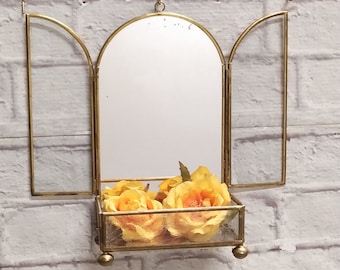 Vintage Brass Mirror Trinket Display Case, Jewelry Keepsake Holder