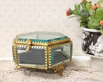 アンティーク フランス製ガラス製ジュエリーケース オルモル＆レッド