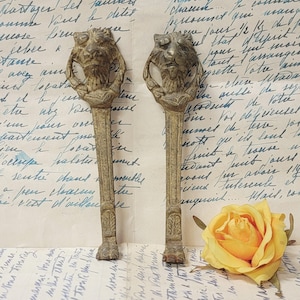 Könnte beinhalten: Zwei antike Metall-Flaschenöffner. Jeder Öffner hat oben ein Löwenkopf-Design und einen langen, schlanken Griff. Die Öffner sind in einem getrübten Goldton gehalten und liegen auf einem Vintage-Papierhintergrund mit einer gelben Rose.