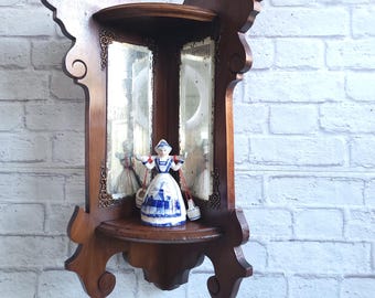 Vintage Mirrored Corner Shelf, Wood Wall Decor
