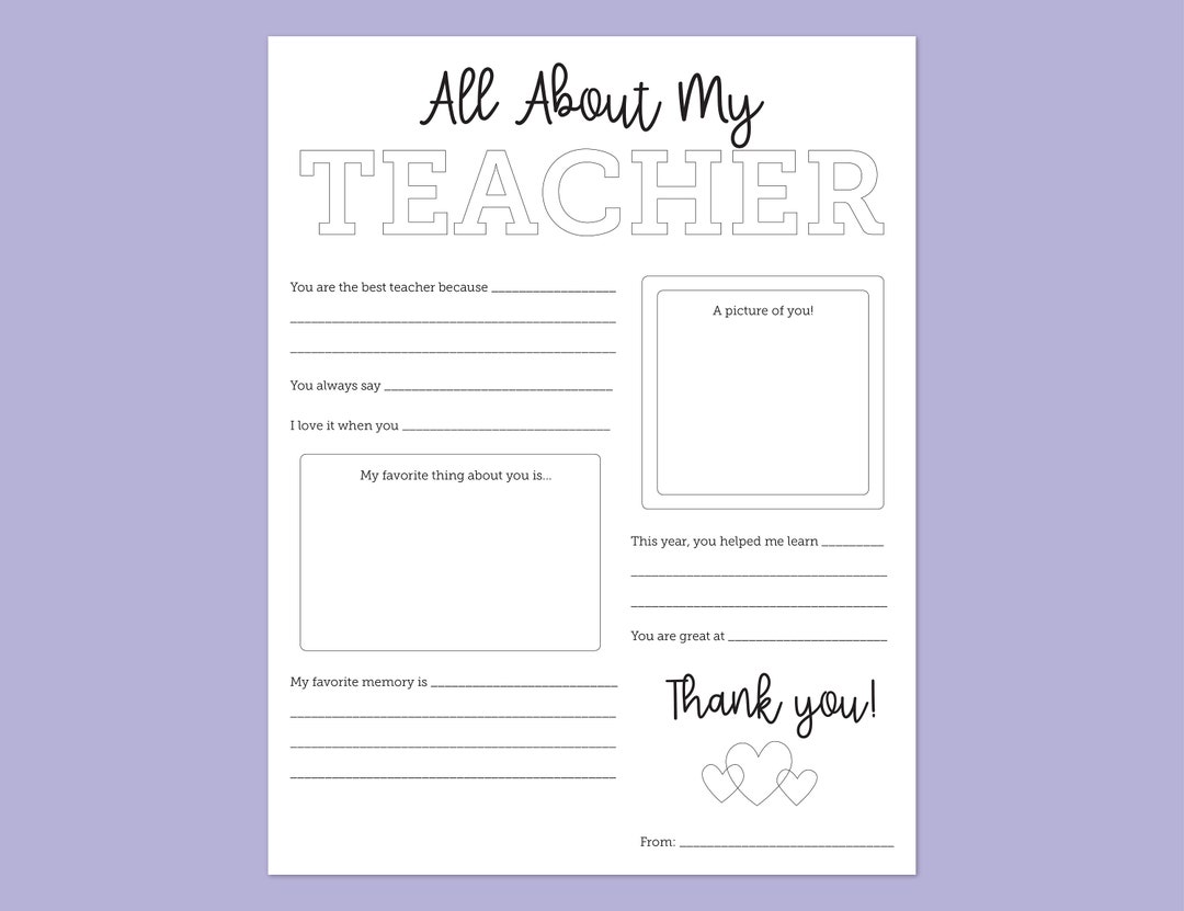 All About My Teacher Printable: Coloring Page Gift (PDF) - Etsy