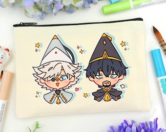 May include: A rectangular off-white canvas zipper pouch featuring a graphic illustration of two anime-style characters with pointed hats. The text shop.sarafabrizi.com is printed in small dark blue letters at the bottom center of the pouch.