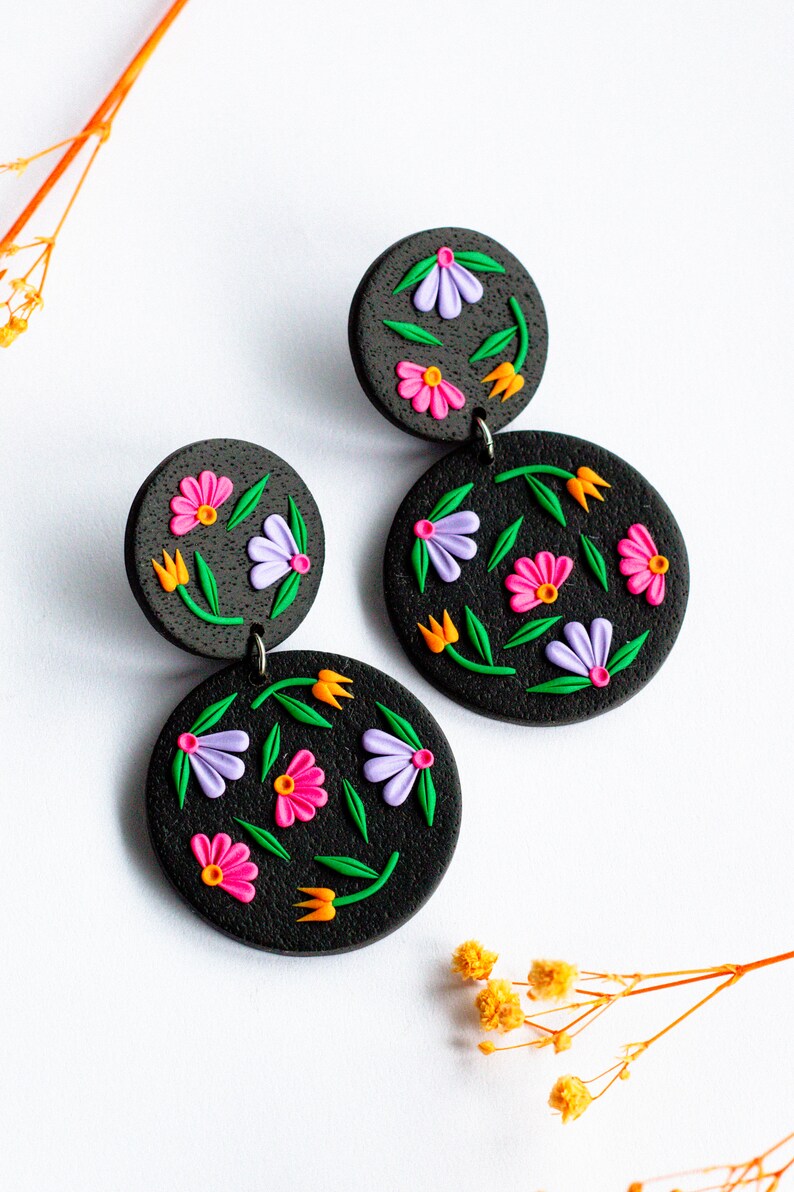 Floral Black Polymer Clay Earrings Vibrant Statement Jewelry, Handmade
