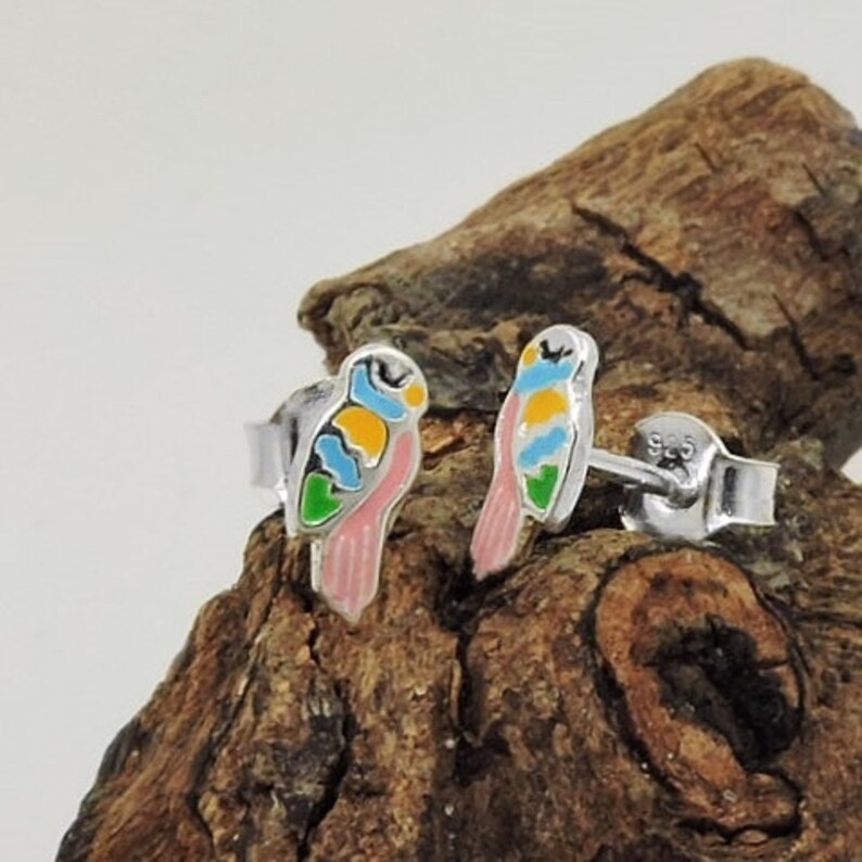 Delicate parrot stud earrings colored silver 925 painted small 9x4mm