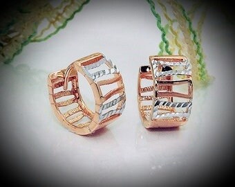 Creolen pair with fancy design, bicolor, rhodium, 9Kt rose gold