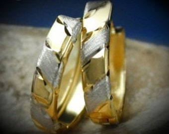 Creolen Ohrringe, 12x3mm, Klappscharnier, bicolor, diamantiert, 9Kt GOLD