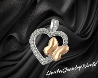 Pendentif coeur avec papillon, 15 x 17 mm, argent sterling 925, plaqué or rose, zircone cubique, cadeau