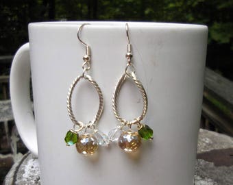 Silver Oval Hoop Earrings, Crystal Drop Earrings, Green Earrings, Bridal Earrings, Wedding Earrings, Pink Earring, AB Crystal, Drop Earrings