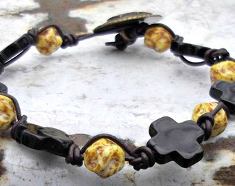 Quartz Gemstone Cross, Hand Knotted Leather Bracelet, Cross Bracelet, Christian Jewelry, Bohemian Jewelry, Boho Chic, Buffalo Horn Beads