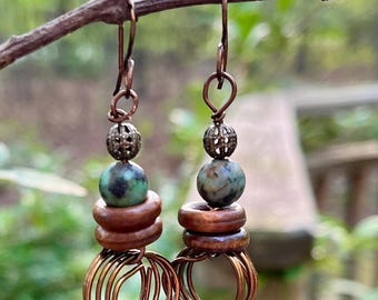 Handmade Antique Brass African Turquoise Gemstone Wood Bead Earrings With Hand Formed Spirals & Artisan Ear Wires Boho Hippie Festival Style