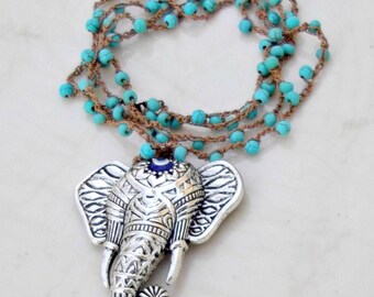 Collar de ganchillo de elefante boho, collar de mal de ojo, collar boho, cuentas turquesas, joyería hamsa, collar de protección, joyería boho