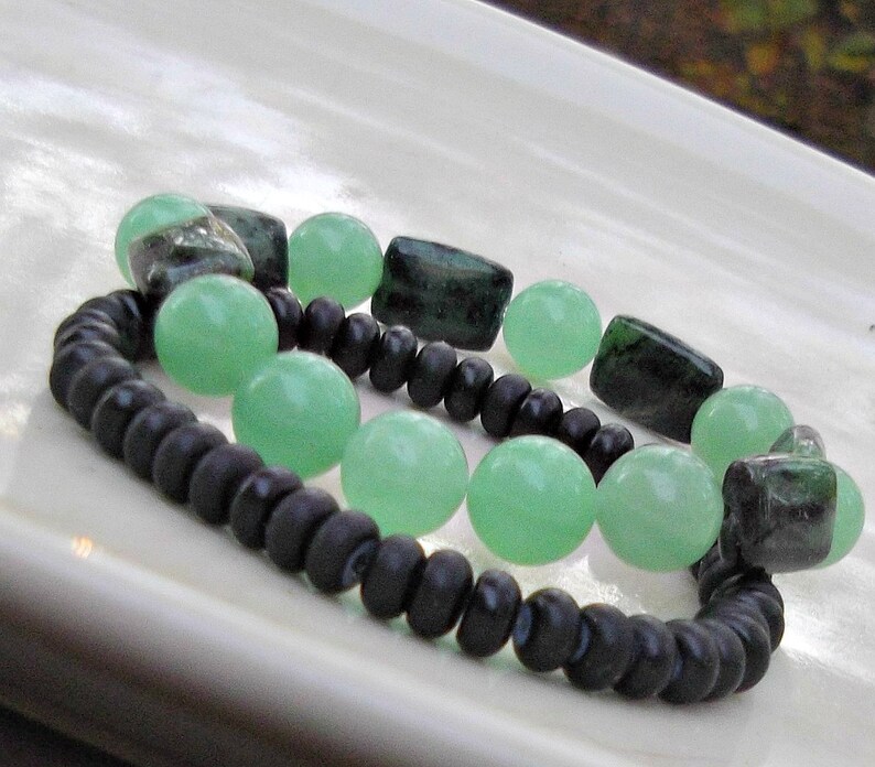 Gemstone Bracelet, Beaded Bracelet Set, Stretch Bracelets, Green Jade Bracelet, Chrysocolla, Unisex Bracelet, Boho Bracelet, Surfer Bracelet image 4