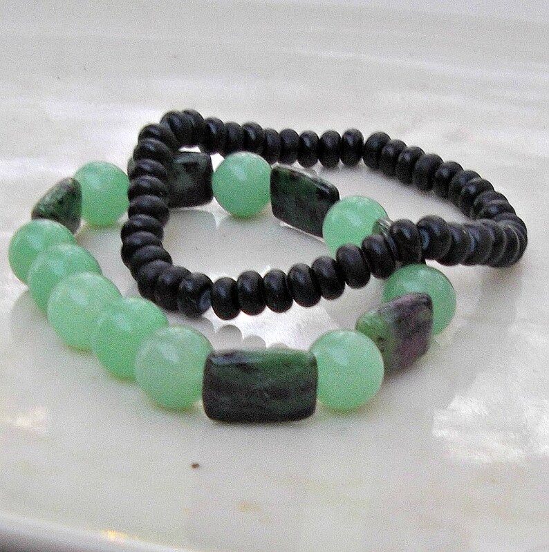 Gemstone Bracelet, Beaded Bracelet Set, Stretch Bracelets, Green Jade Bracelet, Chrysocolla, Unisex Bracelet, Boho Bracelet, Surfer Bracelet image 5