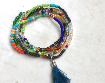 Tassel Wrap Bracelet, Boho Beaded Bracelet, Layering Jewelry, Bohemian Necklace, Extra Long Necklace, Seed Bead Bracelet