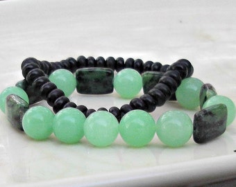 Gemstone Bracelet, Beaded Bracelet Set, Stretch Bracelets, Green Jade Bracelet, Chrysocolla, Unisex Bracelet, Boho Bracelet, Surfer Bracelet