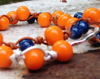 Wrap Bracelet, Hand Knotted Leather Bracelet, Orange Beads, Metallic White Leather, Silver Ring, Vintage Glass Beads, Navy Glass Beads, Boho