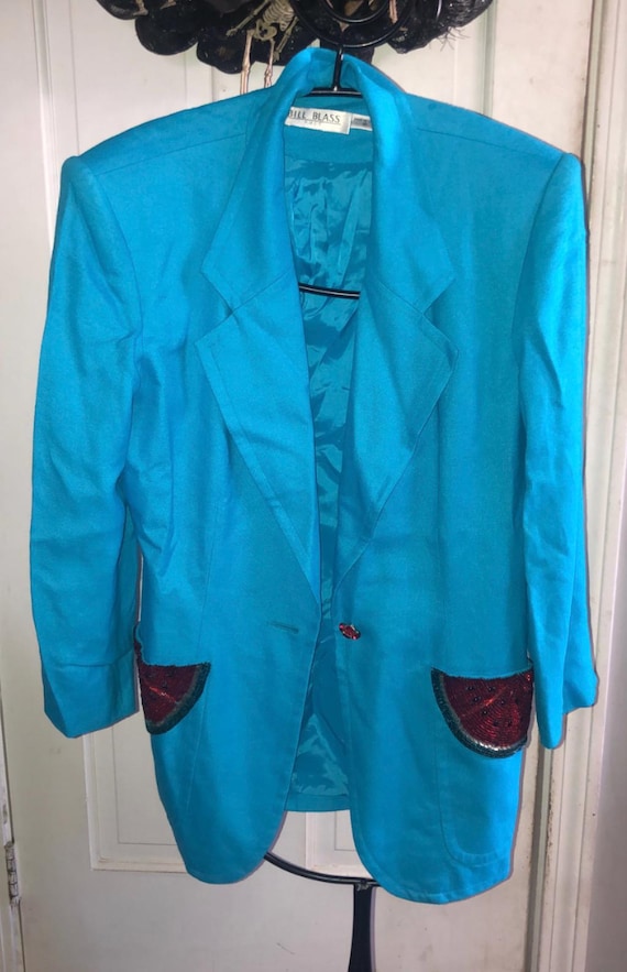 Bill Blass, 1980s Bill Blass Blazer: Bright Blue, Beaded Watermelon Pockets, Shoulder Pads