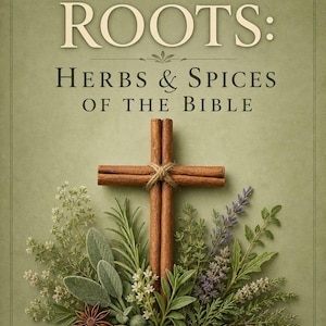 May include: A book cover titled Sacred Roots: Herbs & Spices of the Bible by Krysten Meissner. The cover features a cross made of cinnamon sticks tied with twine, surrounded by various fresh herbs, star anise, and peppercorns on a green background.