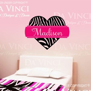 Zebra Print Heart Personalized Custom Name Room Bedroom Vinyl Wall ...