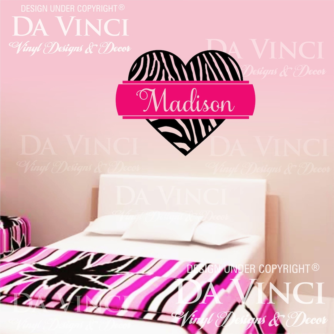 Zebra Print Heart Personalized Custom Name Room Bedroom Vinyl Wall ...