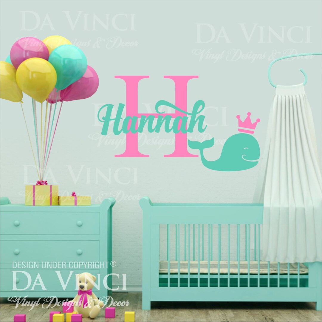 Custom Girl Name Wall Decal Sticker Monogram Vinyl Whale Nautical Baby ...