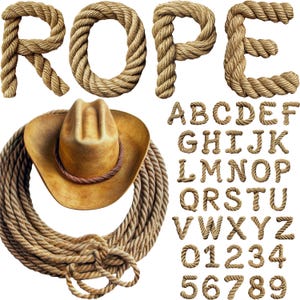 Letras de cuerda PNG, Letras de cuerda del oeste, Letras con temática de vaqueros, Letras con temática de rodeo, Alfabeto del lejano oeste, Alfabeto de cuerda, Cuerda 3D, Diseño de cuerda 4
