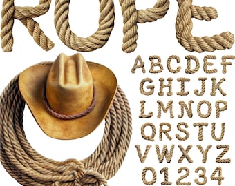 Rope Letters PNG, Western Rope Letters, Cowboy Theme Letters, Rodeo Theme Letters, Wild West Alphabet, Rope Alphabet, 3D Rope, Rope Design 4