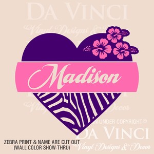 Zebra Print Heart Flower Hibis Personalized Custom Name Room Bedroom ...