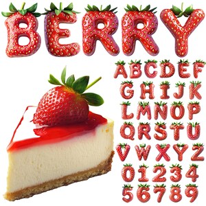 May include: A vibrant image features the word "BERRY" spelled out with letters shaped like strawberries. A slice of cheesecake topped with a strawberry and red glaze is also shown. The image includes the full alphabet and numbers, all designed as strawberries.