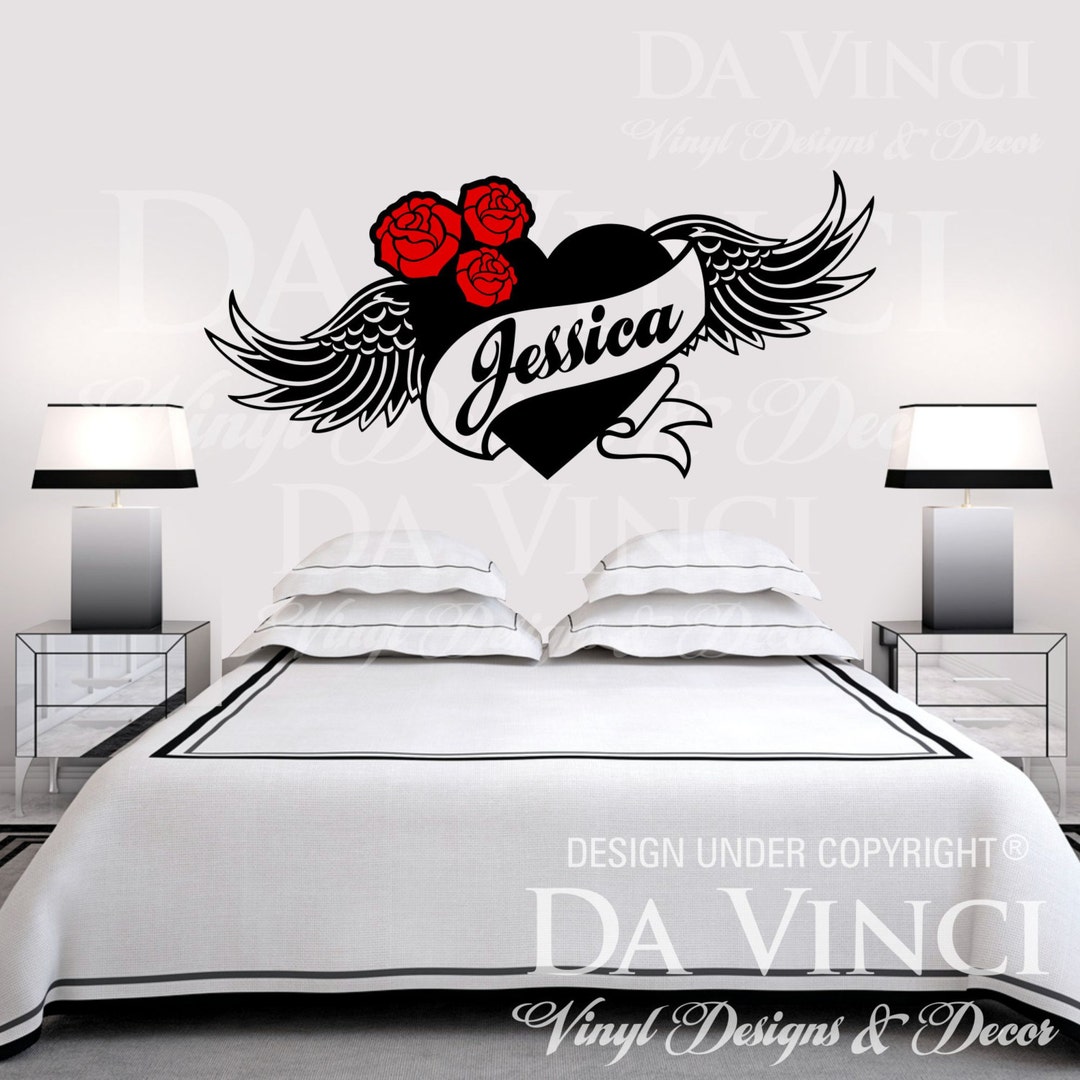 Heart Wings Roses Flowers Personalized Custom Name Room Bedroom Vinyl ...